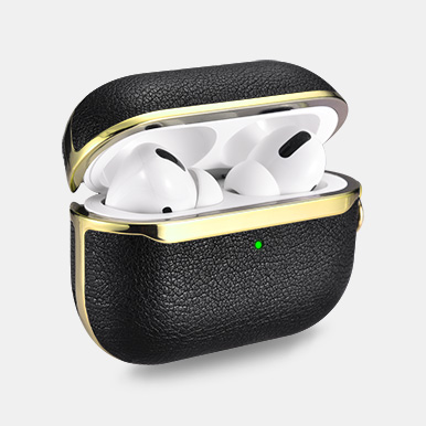 Airpods Pro Gold Electroplating TPU+PU Leather Protective Case(With Silver Carabiner)