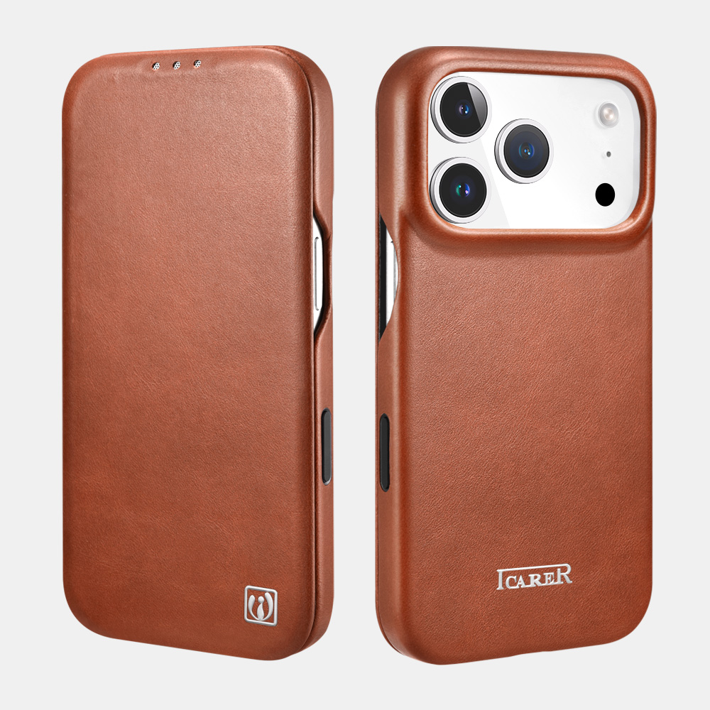 iPhone 18 Pro Max Curved Edge Oil Wax Real Leather Folio Case with Magsafe
